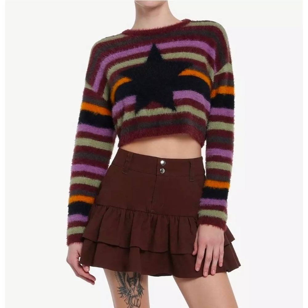 Hot Topic Social Collision Fuzzy Cropped Sweater Size XL Stripes Star Multi